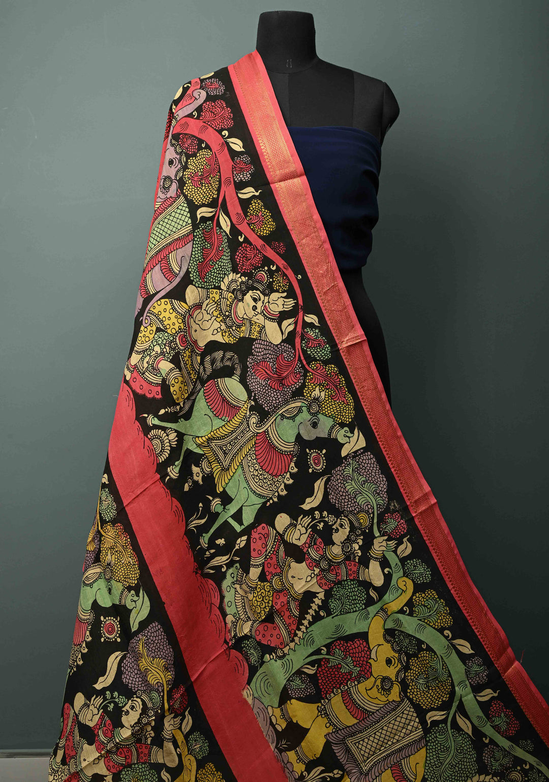 DUPATTA : Black Authentic Pen Kalamkari Hand Painted on Chennuri Silk Dupatta with Mythological Theme and Mangalagiri Borders | SHOBITAM