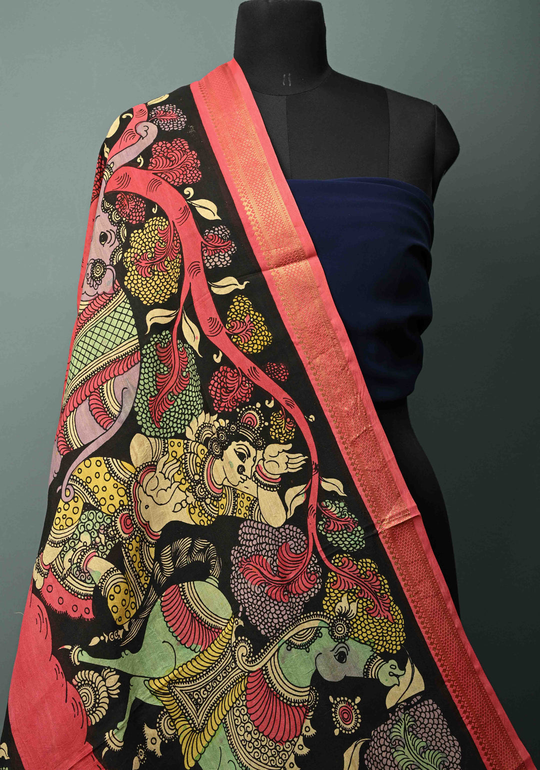 DUPATTA : Black Authentic Pen Kalamkari Hand Painted on Chennuri Silk Dupatta with Mythological Theme and Mangalagiri Borders | SHOBITAM