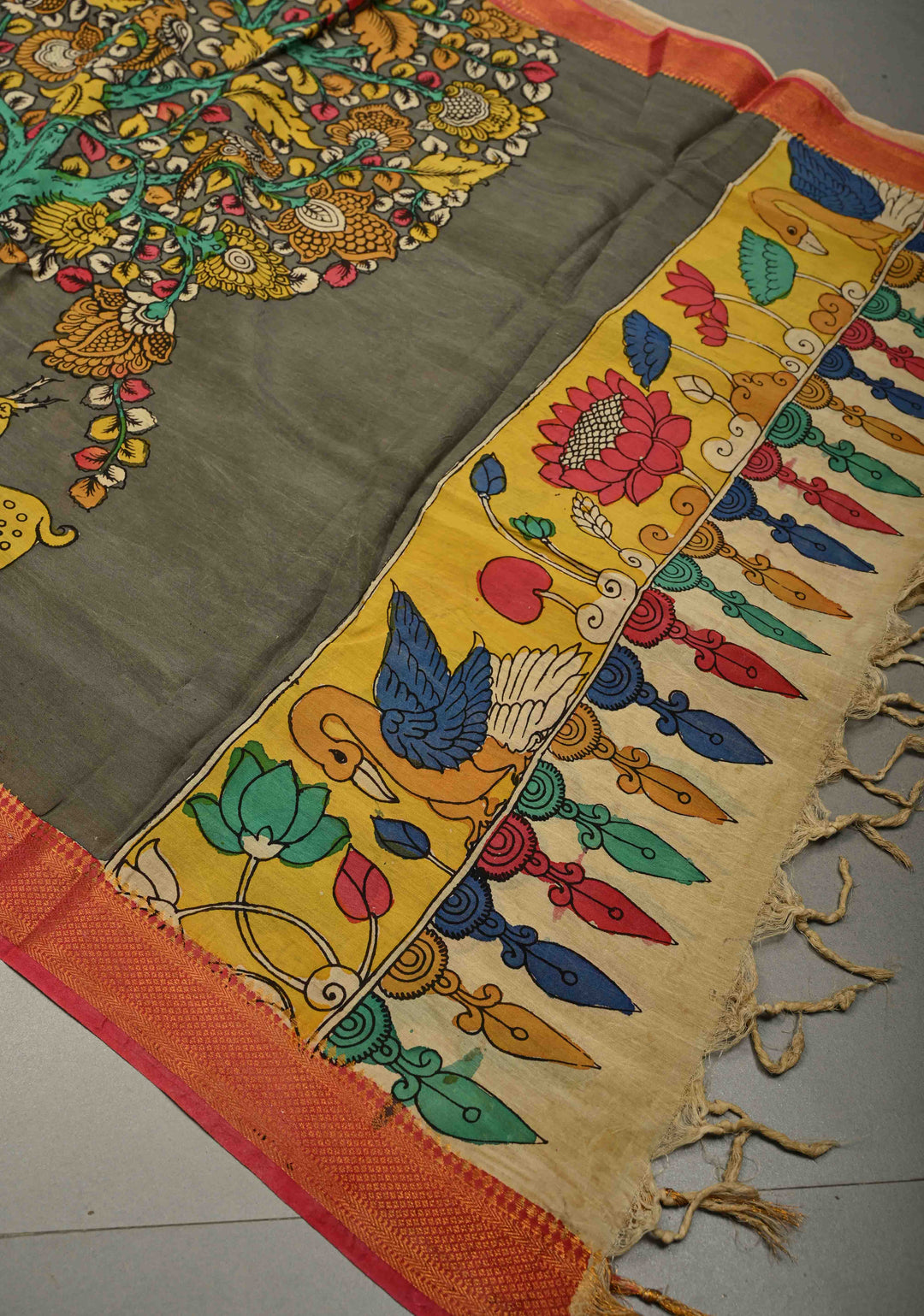 DUPATTA : Authentic Pen Kalamkari Hand Painted on Chennuri Silk Dupatta with Tree of Life Theme and Mangalagiri Borders | SHOBITAM