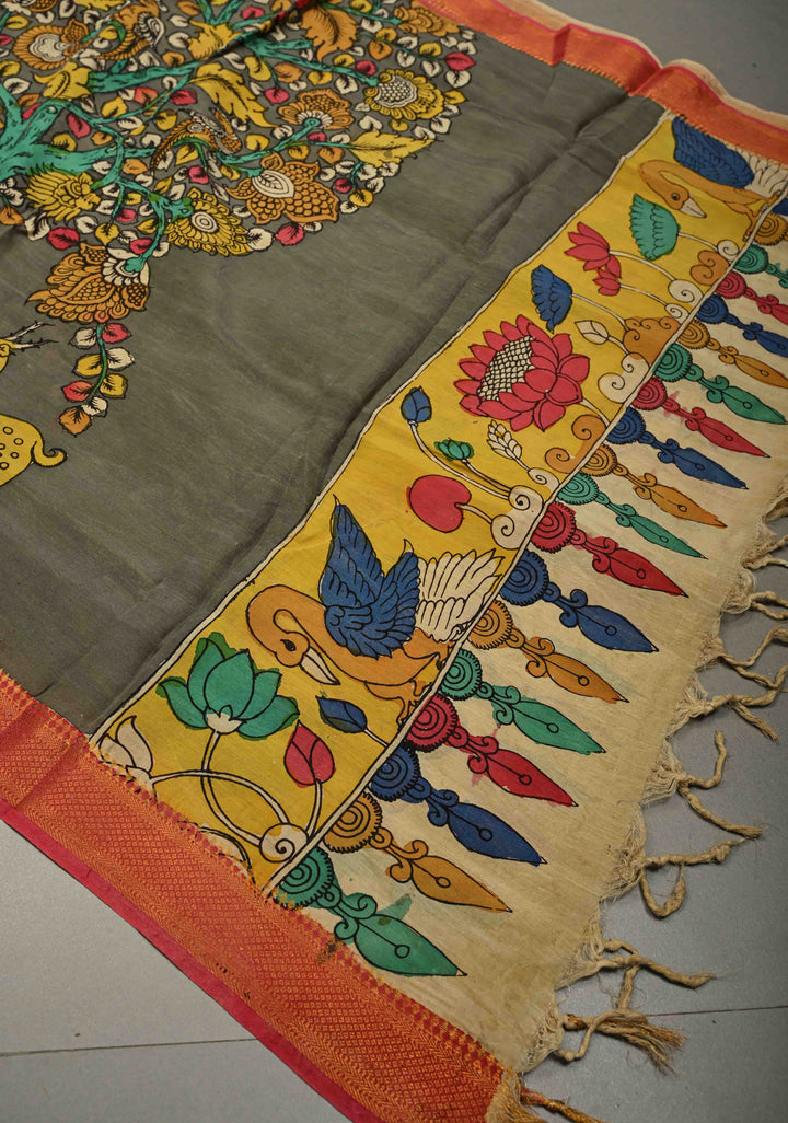 DUPATTA : Authentic Pen Kalamkari Hand Painted on Chennuri Silk Dupatta with Tree of Life Theme and Mangalagiri Borders | SHOBITAM