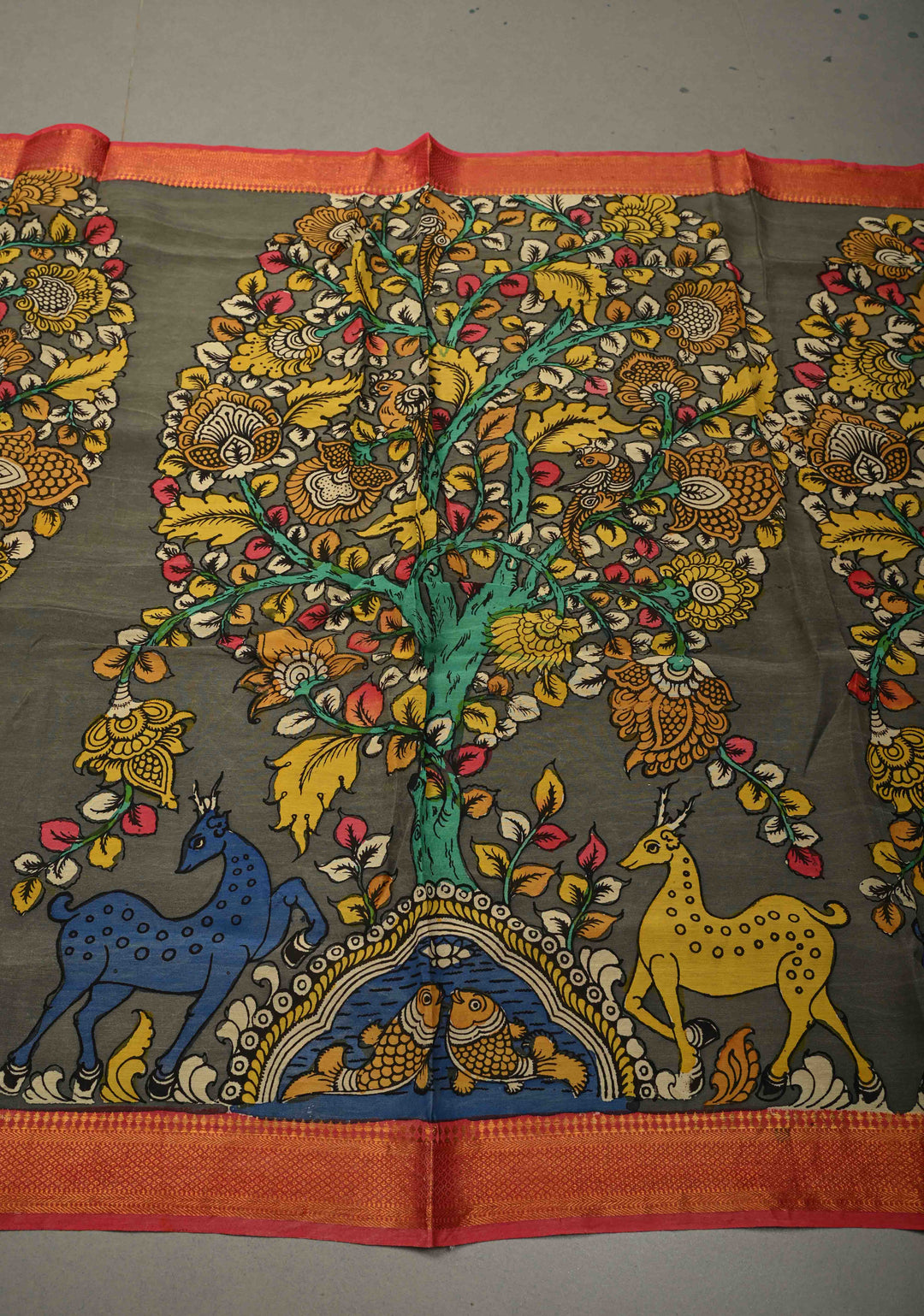 DUPATTA : Authentic Pen Kalamkari Hand Painted on Chennuri Silk Dupatta with Tree of Life Theme and Mangalagiri Borders | SHOBITAM