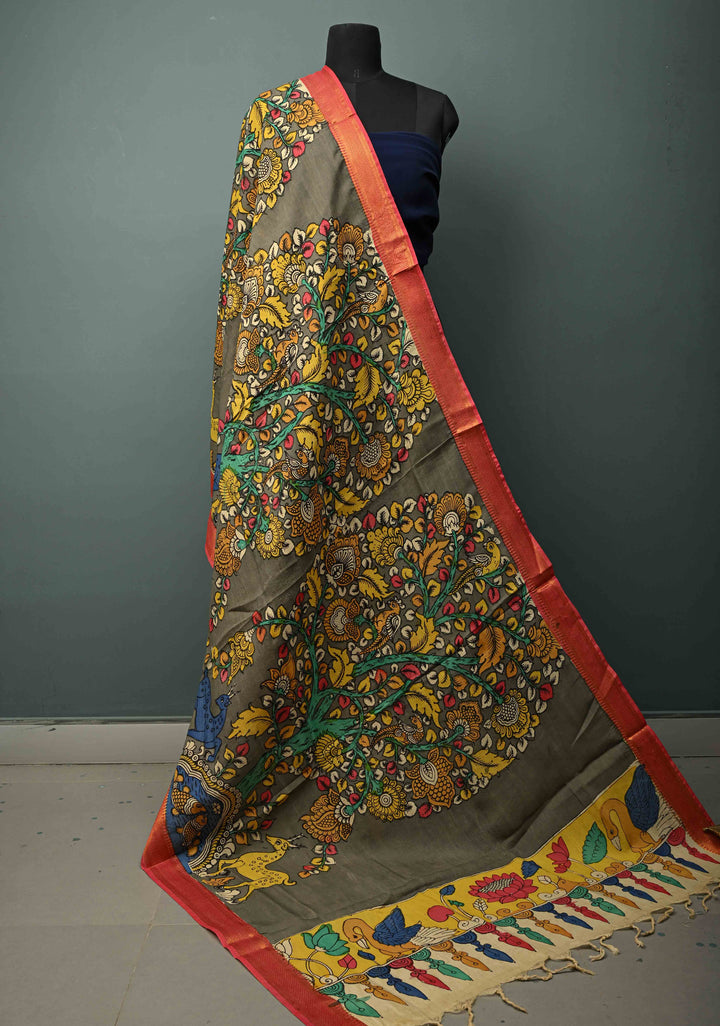 DUPATTA : Authentic Pen Kalamkari Hand Painted on Chennuri Silk Dupatta with Tree of Life Theme and Mangalagiri Borders | SHOBITAM