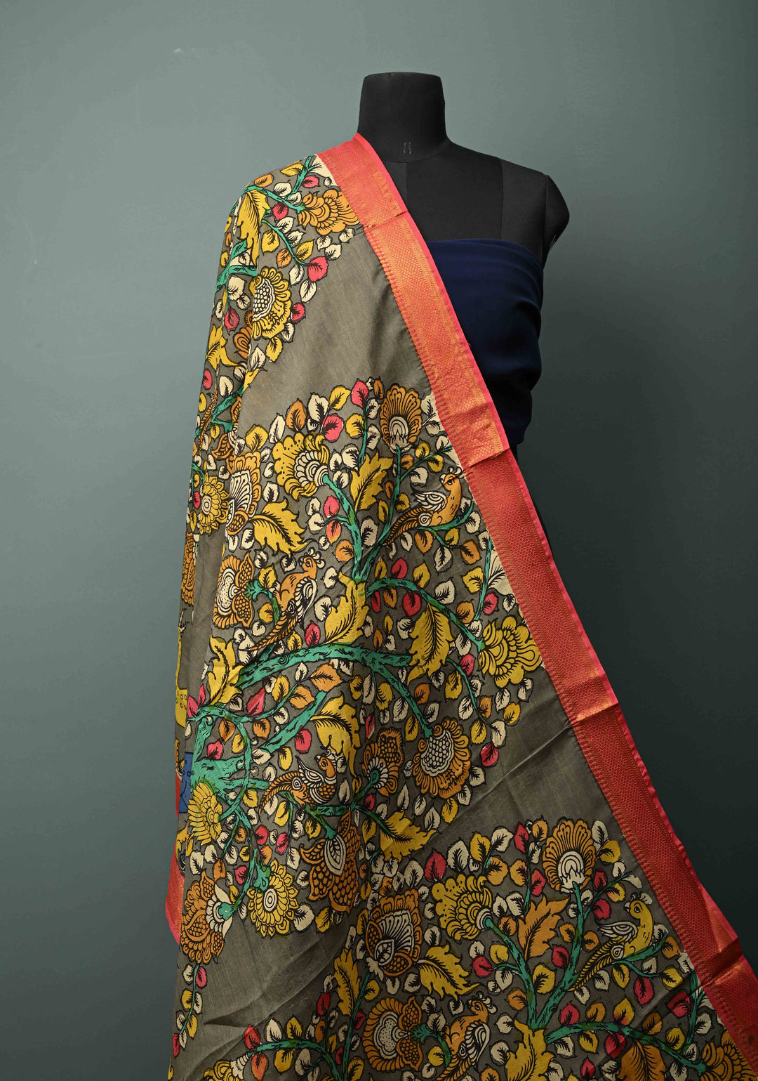 DUPATTA : Authentic Pen Kalamkari Hand Painted on Chennuri Silk Dupatta with Tree of Life Theme and Mangalagiri Borders | SHOBITAM