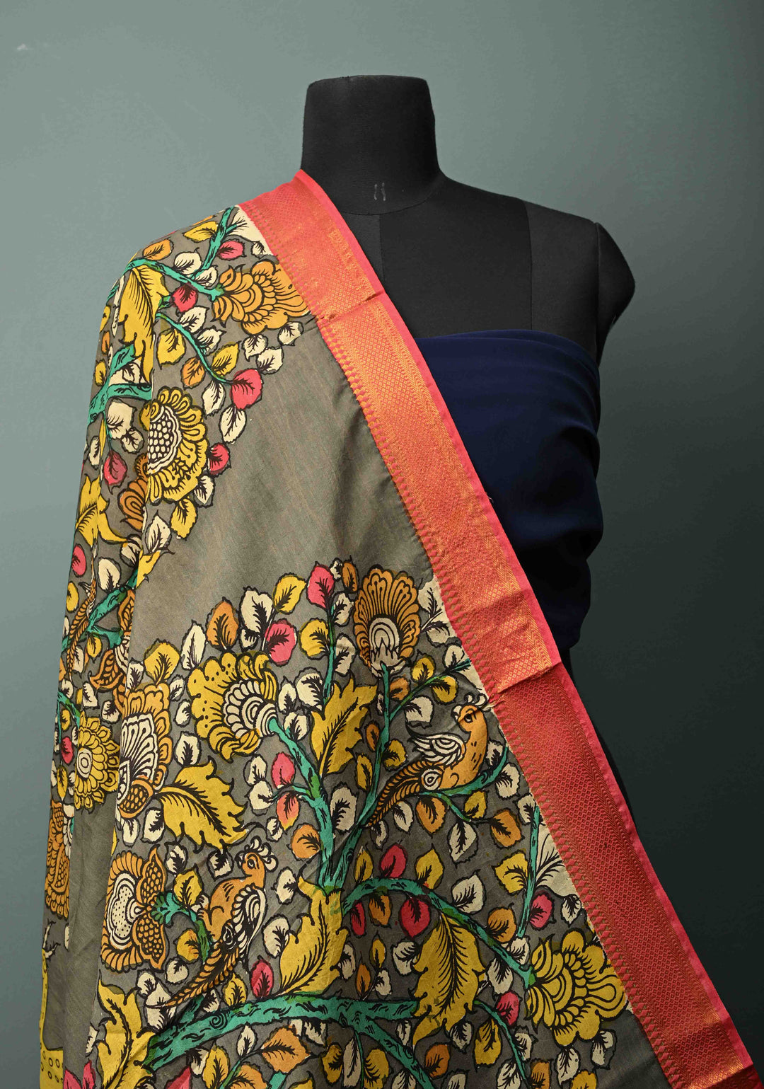 DUPATTA : Authentic Pen Kalamkari Hand Painted on Chennuri Silk Dupatta with Tree of Life Theme and Mangalagiri Borders | SHOBITAM