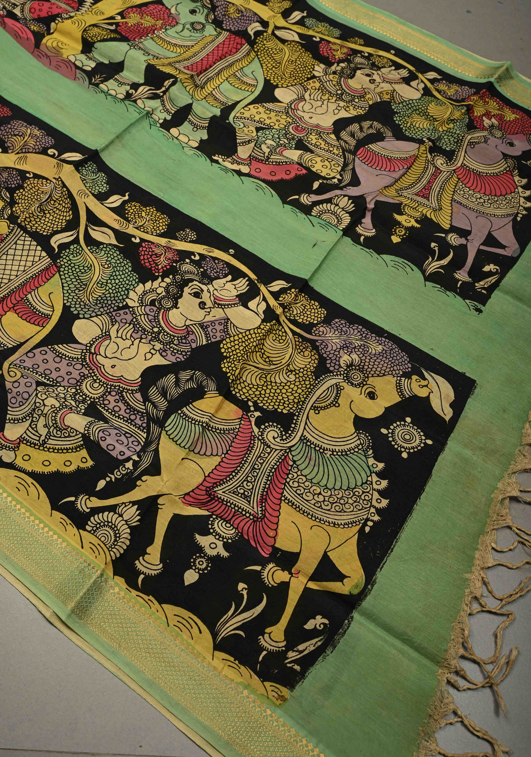 DUPATTA : Black Authentic Pen Kalamkari Hand Painted on Chennuri Silk Dupatta with Mythological Theme and Mangalagiri Borders | SHOBITAM