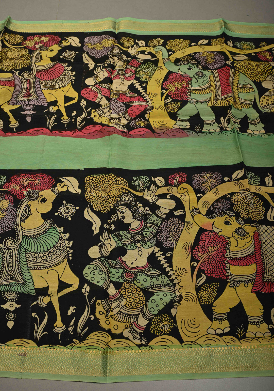 DUPATTA : Black Authentic Pen Kalamkari Hand Painted on Chennuri Silk Dupatta with Mythological Theme and Mangalagiri Borders | SHOBITAM