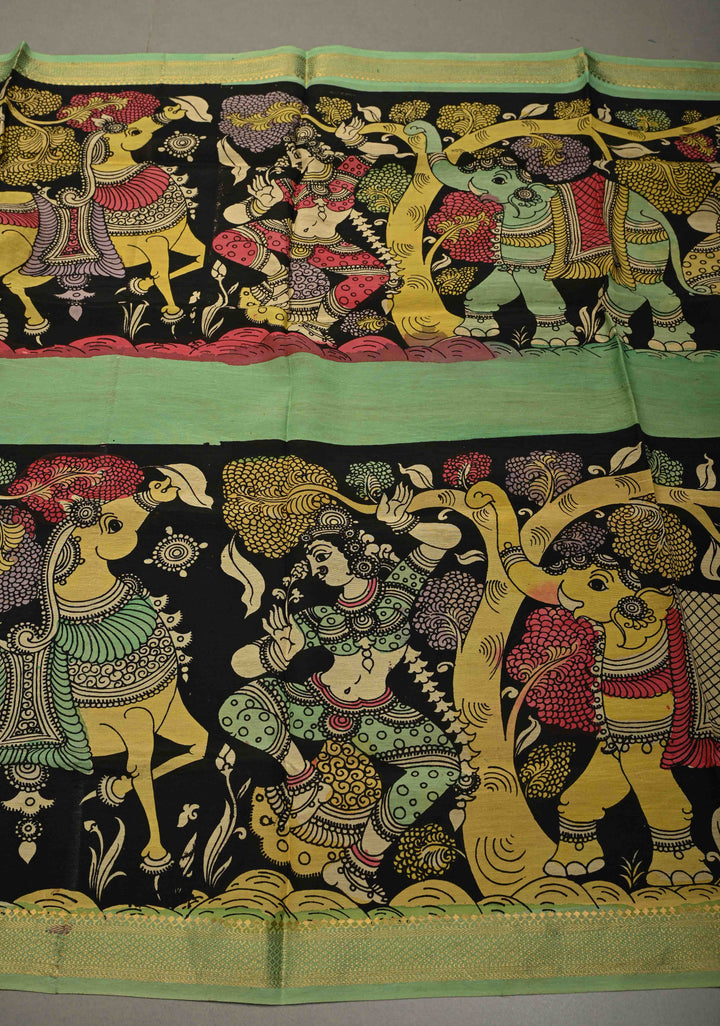 DUPATTA : Black Authentic Pen Kalamkari Hand Painted on Chennuri Silk Dupatta with Mythological Theme and Mangalagiri Borders | SHOBITAM