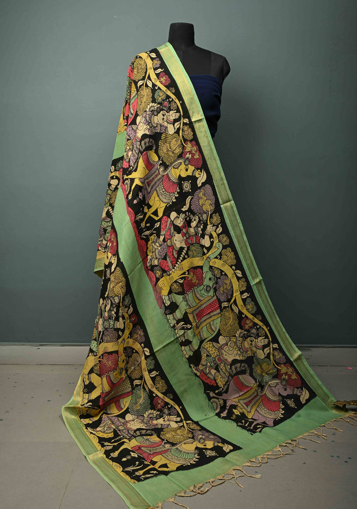 DUPATTA : Black Authentic Pen Kalamkari Hand Painted on Chennuri Silk Dupatta with Mythological Theme and Mangalagiri Borders | SHOBITAM