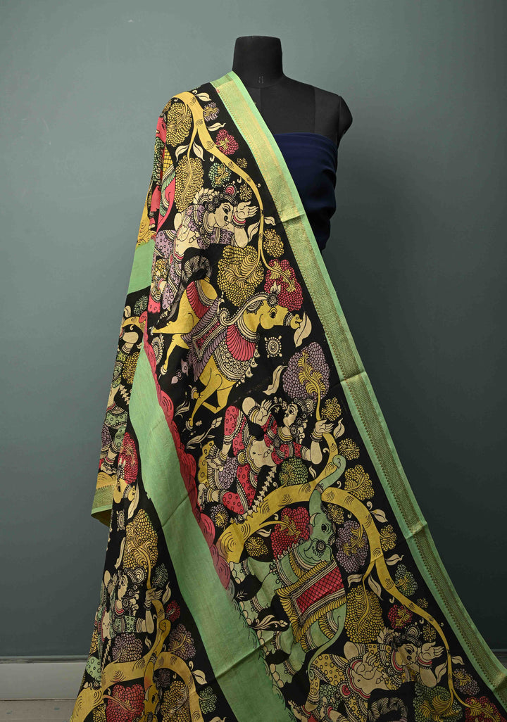DUPATTA : Black Authentic Pen Kalamkari Hand Painted on Chennuri Silk Dupatta with Mythological Theme and Mangalagiri Borders | SHOBITAM