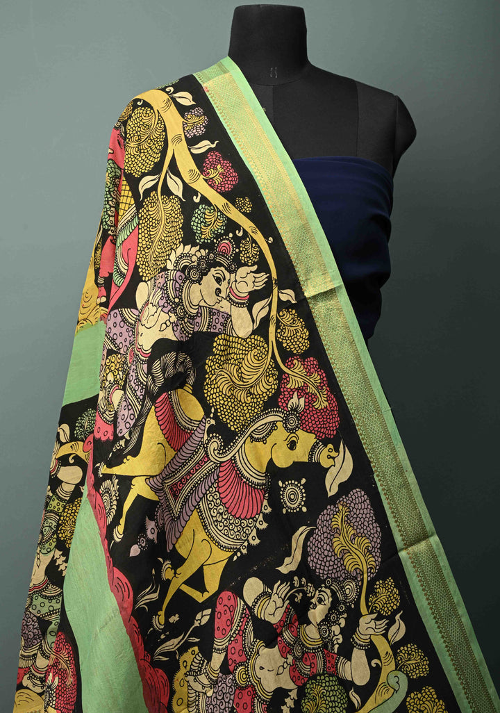 DUPATTA : Black Authentic Pen Kalamkari Hand Painted on Chennuri Silk Dupatta with Mythological Theme and Mangalagiri Borders | SHOBITAM