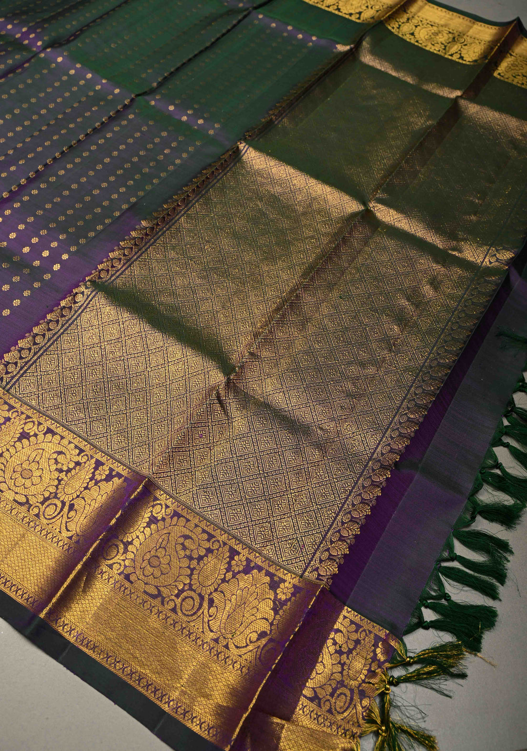 DUPATTA: Forest Green-Purple and dual pure Kanjivaram Dupatta with Chunri Buttis and Zari Borders