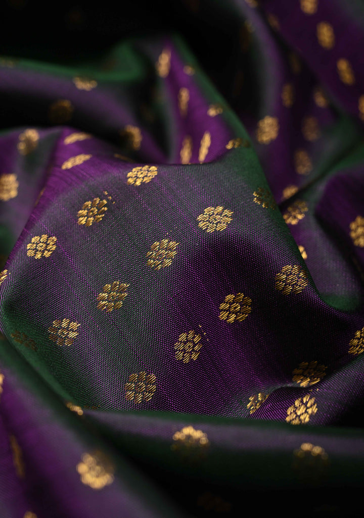 DUPATTA: Forest Green-Purple and dual pure Kanjivaram Dupatta with Chunri Buttis and Zari Borders