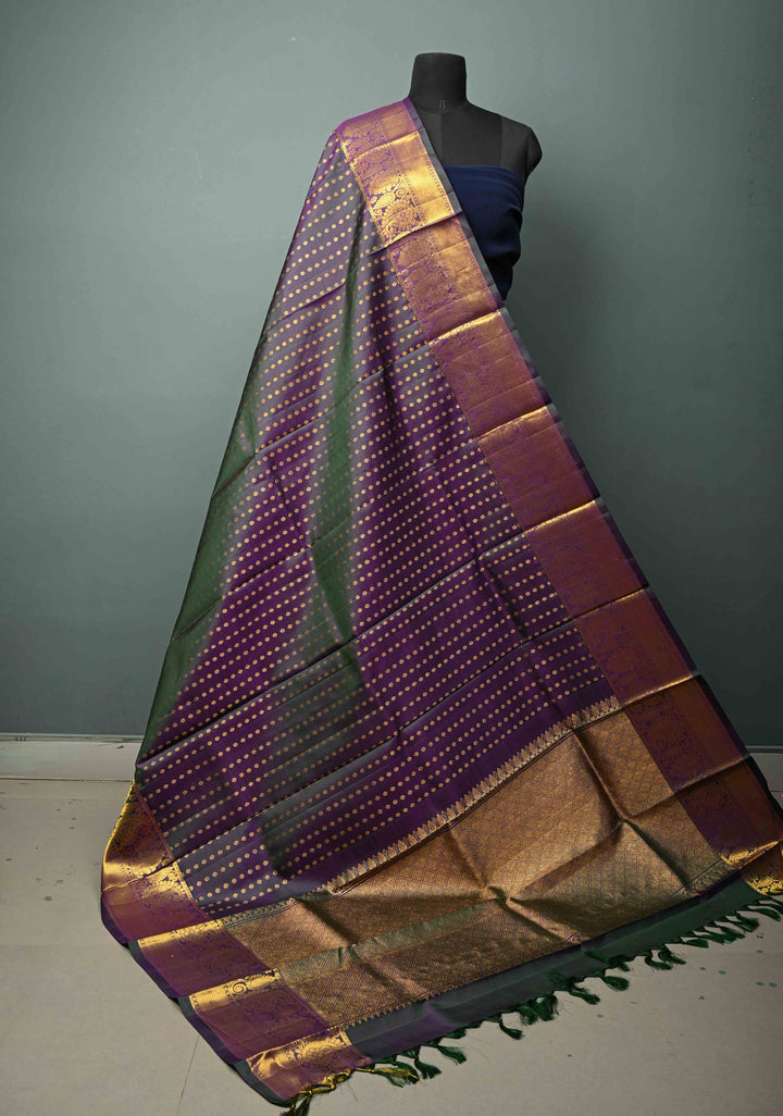 DUPATTA: Forest Green-Purple and dual pure Kanjivaram Dupatta with Chunri Buttis and Zari Borders
