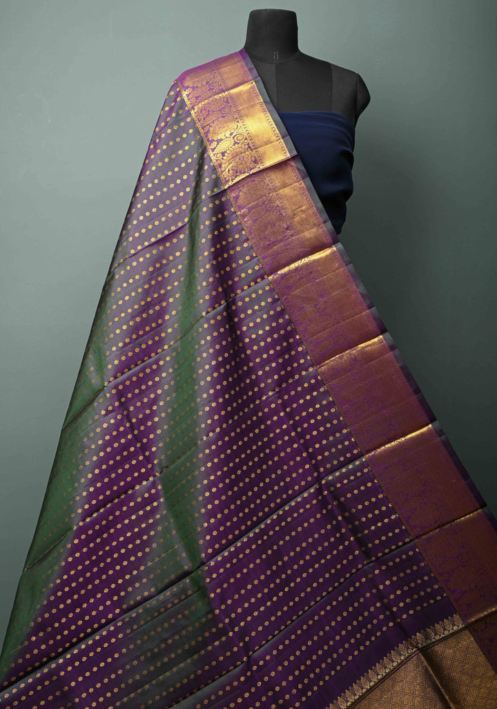 DUPATTA: Forest Green-Purple and dual pure Kanjivaram Dupatta with Chunri Buttis and Zari Borders