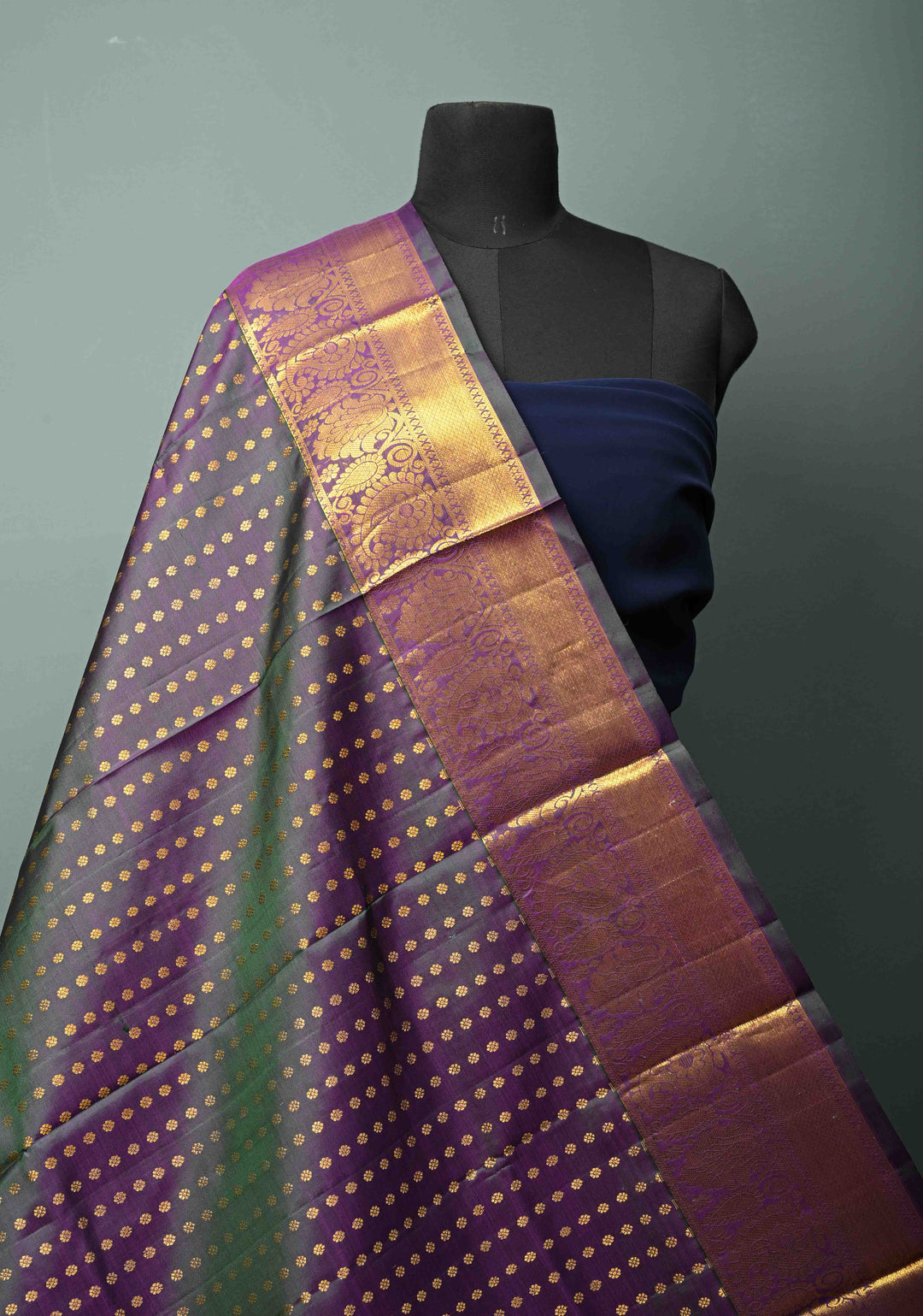DUPATTA: Forest Green-Purple and dual pure Kanjivaram Dupatta with Chunri Buttis and Zari Borders
