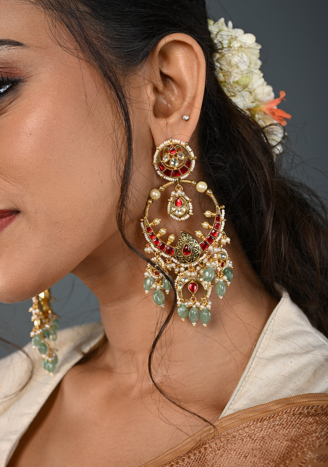 Grandiose 4" Chandbalis with Ahmedabadi Kundan Jadau Detailing with Red Pink Stones