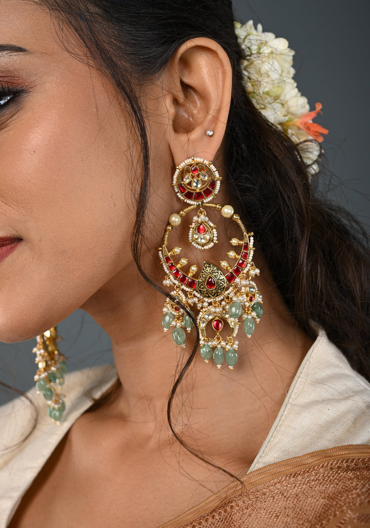 Grandiose 4" Chandbalis with Ahmedabadi Kundan Jadau Detailing with Red Pink Stones