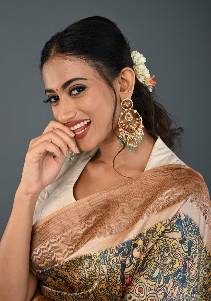 Grandiose 4" Chandbalis with Ahmedabadi Kundan Jadau Detailing with Red Pink Stones