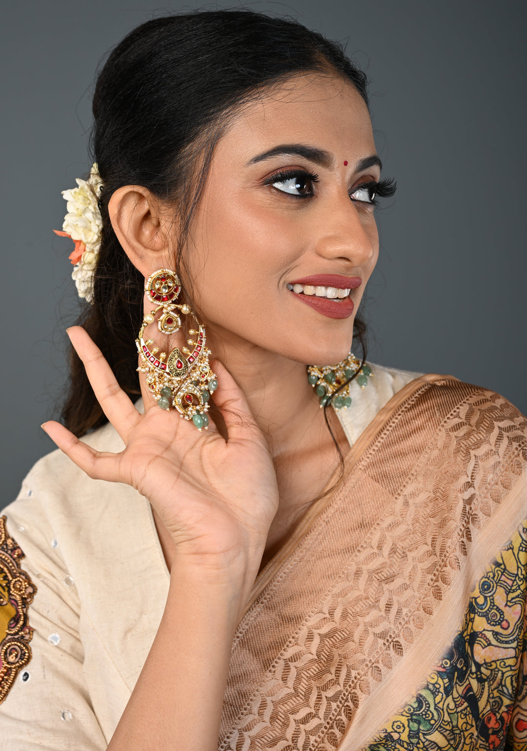 Grandiose 4" Chandbalis with Ahmedabadi Kundan Jadau Detailing with Red Pink Stones