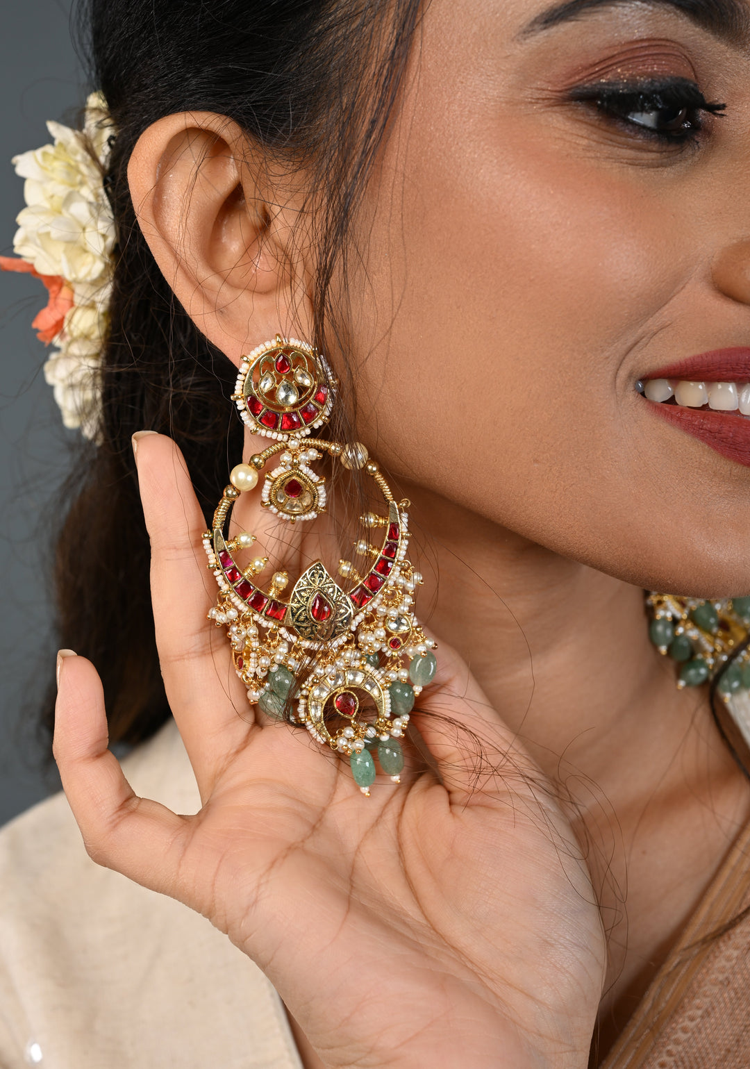 Grandiose 4" Chandbalis with Ahmedabadi Kundan Jadau Detailing with Red Pink Stones