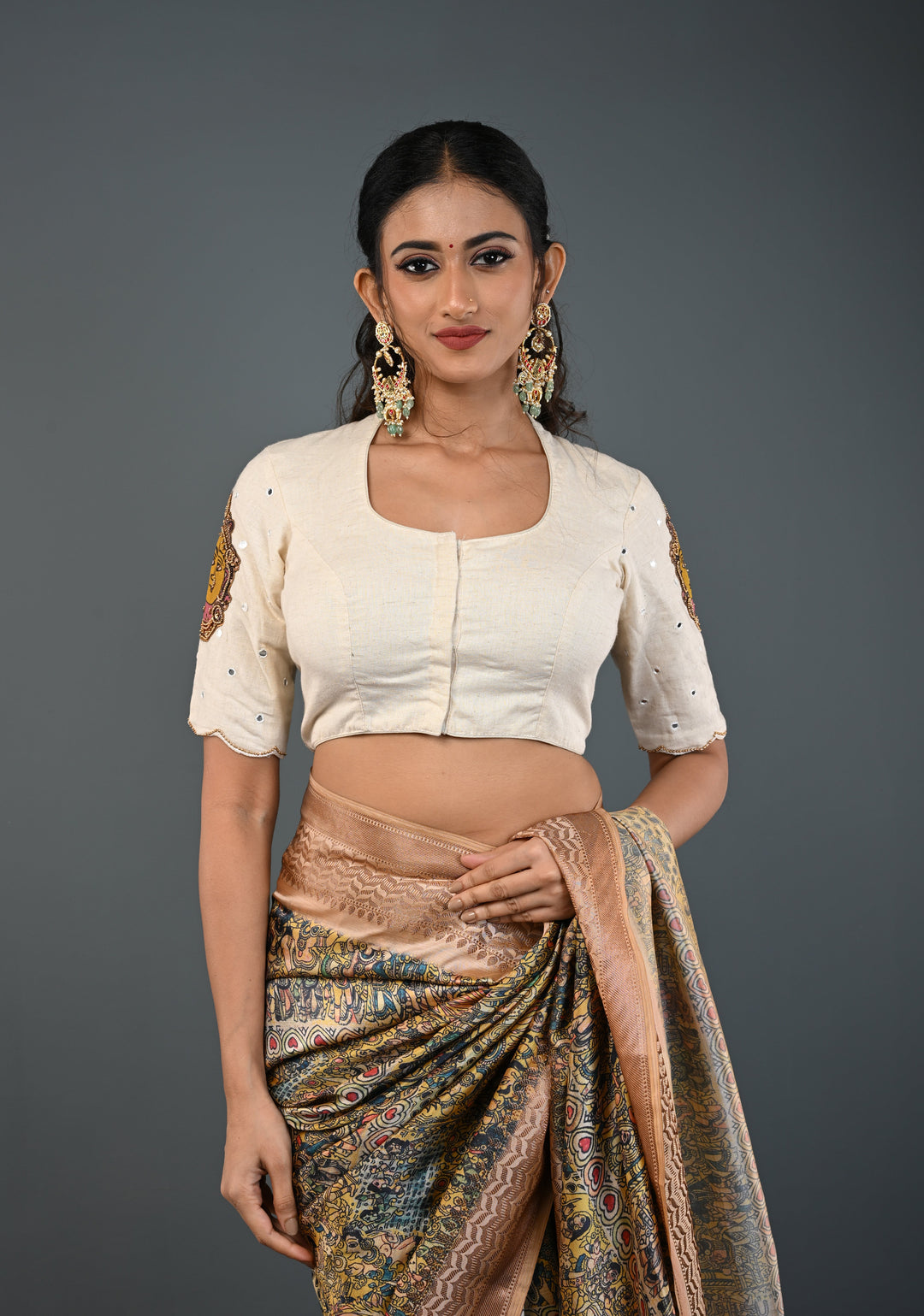 Off White Cotton Blouse with Pen Kalamkari Handpainted Dancing Queens and Handwork Detailing , Customizable, Made to Order