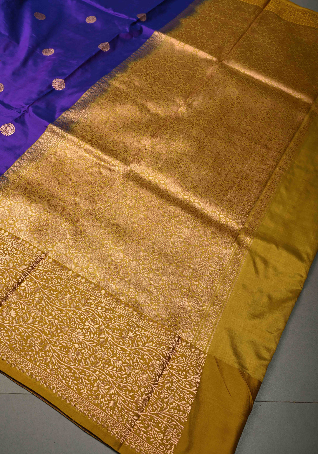 Ink Blue Dual Tone Banarasi Katan Silk Saree with Floral Zari Buttas and Contrast Zari Border | SILK MARK CERTIFIED | SHOBITAM