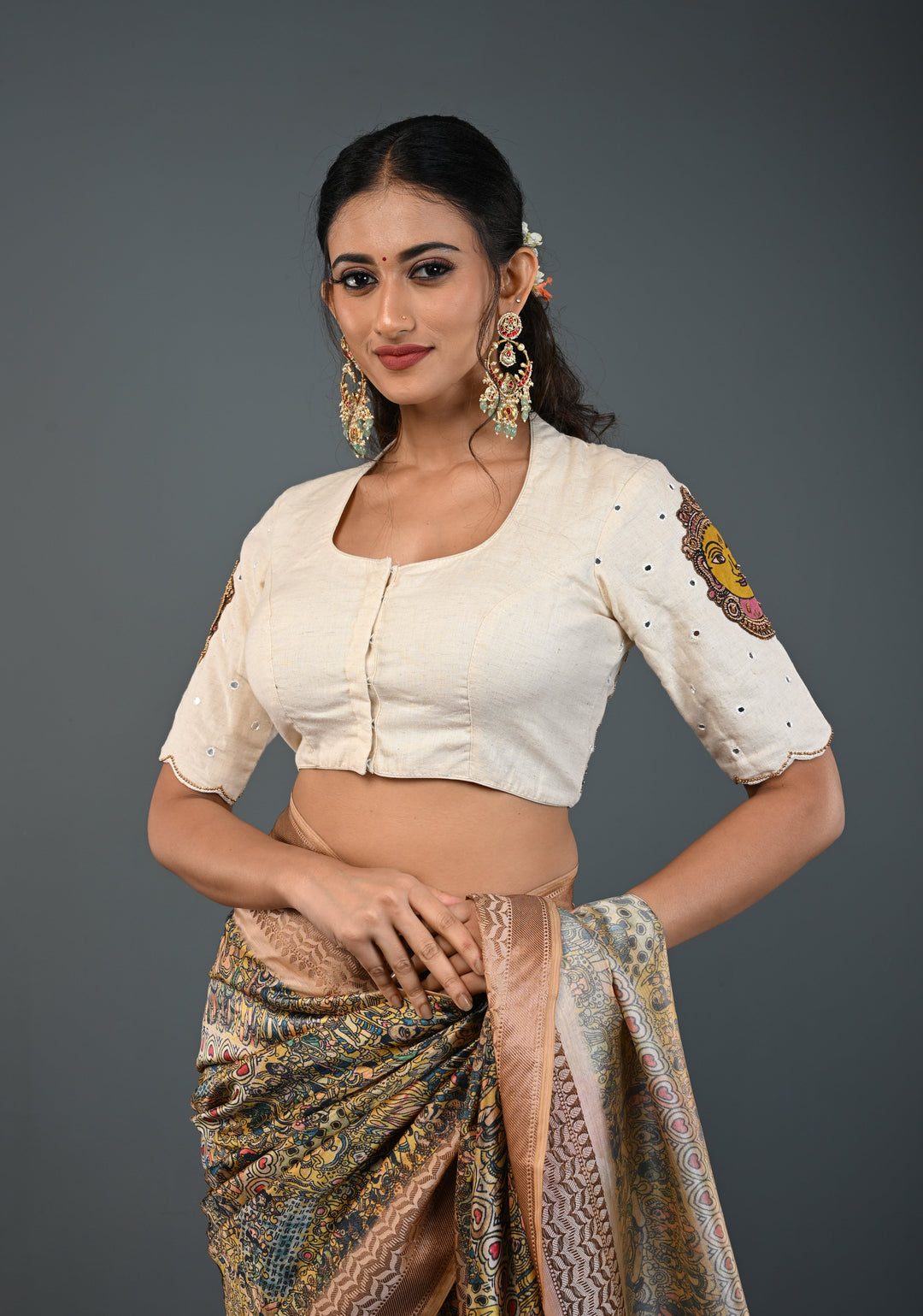 Off White Cotton Blouse with Pen Kalamkari Handpainted Dancing Queens and Handwork Detailing , Customizable, Made to Order