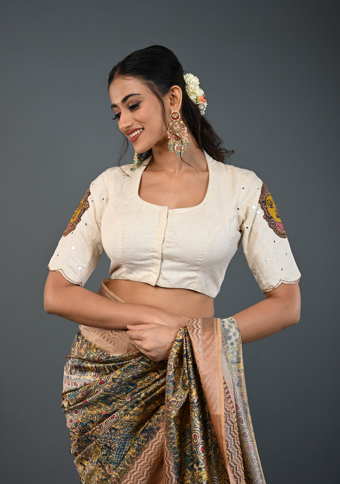 Off White Cotton Blouse with Pen Kalamkari Handpainted Dancing Queens and Handwork Detailing , Customizable, Made to Order