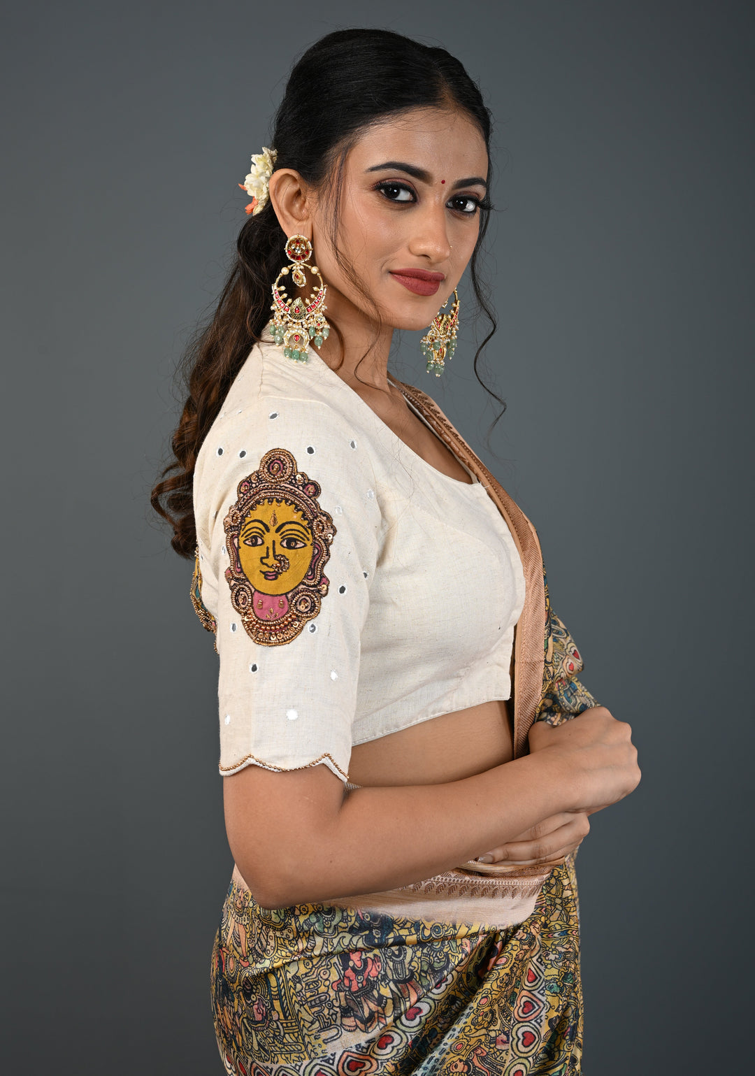 Off White Cotton Blouse with Pen Kalamkari Handpainted Dancing Queens and Handwork Detailing , Customizable, Made to Order