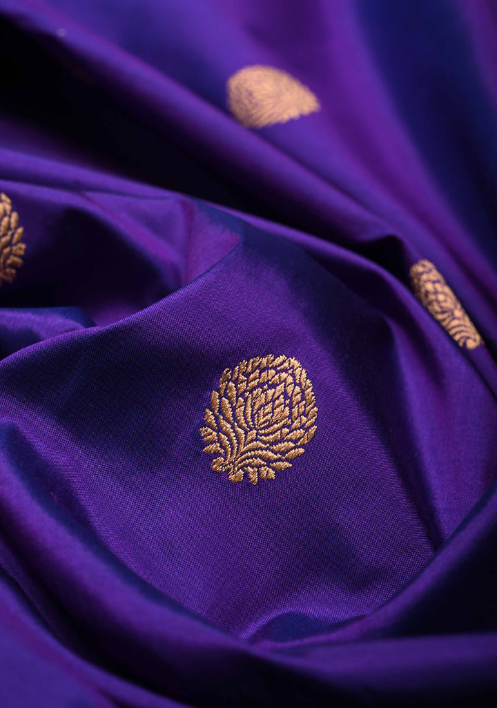 Ink Blue Dual Tone Banarasi Katan Silk Saree with Floral Zari Buttas and Contrast Zari Border | SILK MARK CERTIFIED | SHOBITAM
