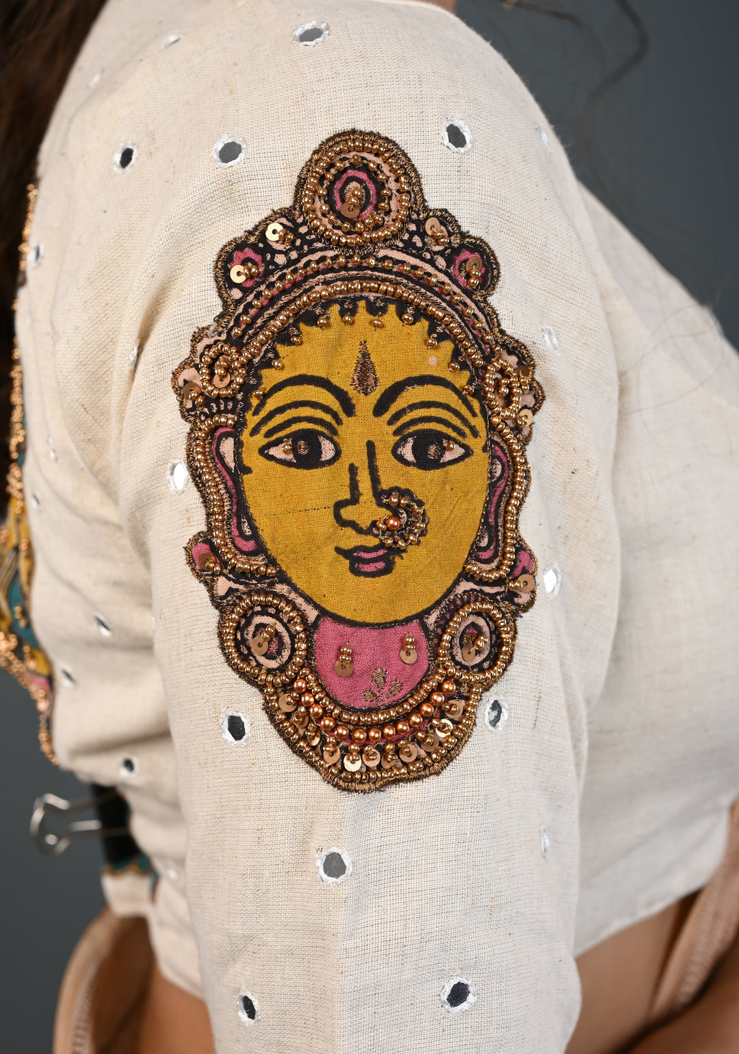 Off White Cotton Blouse with Pen Kalamkari Handpainted Dancing Queens and Handwork Detailing , Customizable, Made to Order