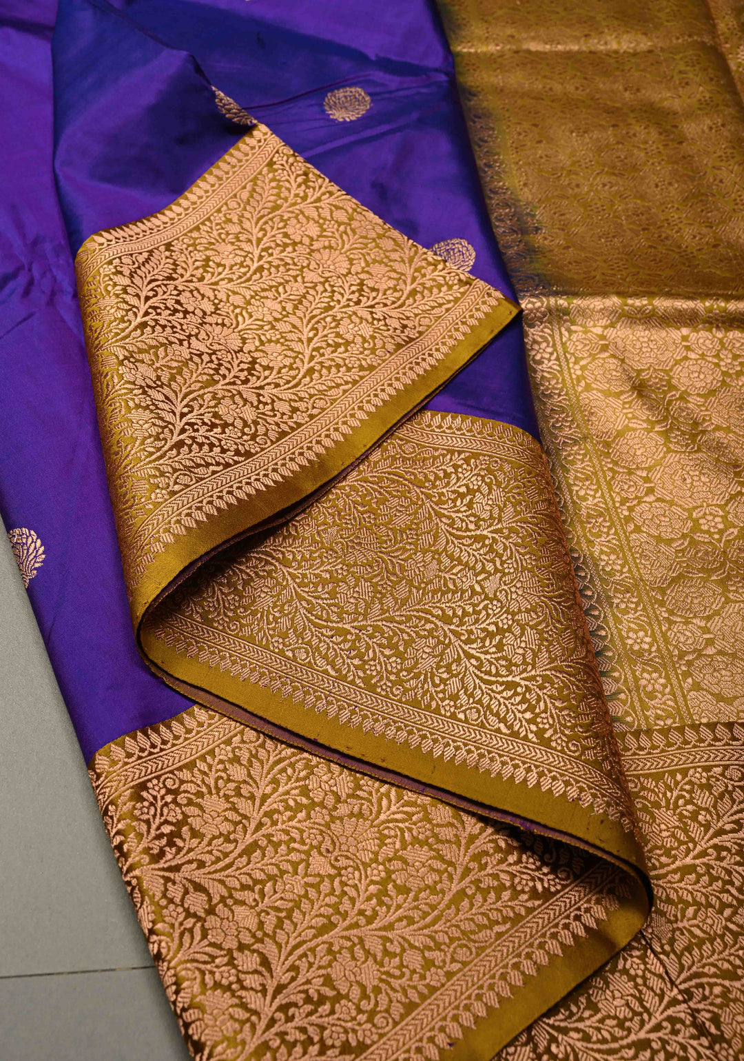 Ink Blue Dual Tone Banarasi Katan Silk Saree with Floral Zari Buttas and Contrast Zari Border | SILK MARK CERTIFIED | SHOBITAM