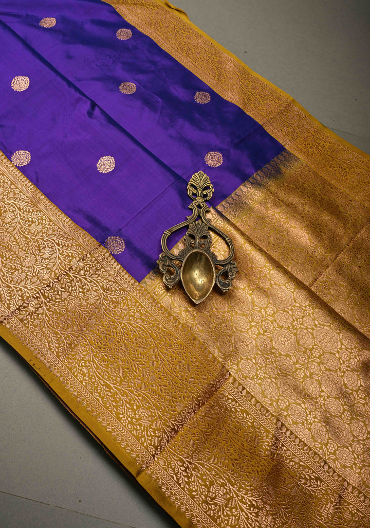 Ink Blue Dual Tone Banarasi Katan Silk Saree with Floral Zari Buttas and Contrast Zari Border | SILK MARK CERTIFIED | SHOBITAM