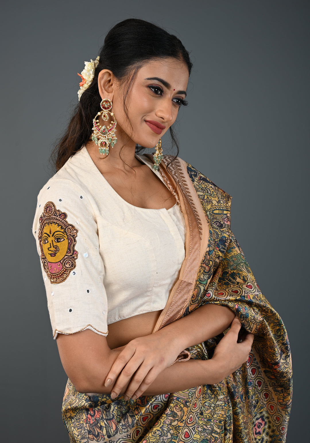 Off White Cotton Blouse with Pen Kalamkari Handpainted Dancing Queens and Handwork Detailing , Customizable, Made to Order