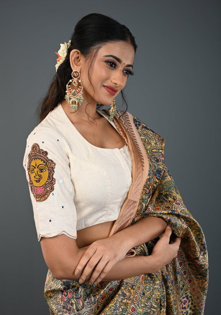 Off White Cotton Blouse with Pen Kalamkari Handpainted Dancing Queens and Handwork Detailing , Customizable, Made to Order