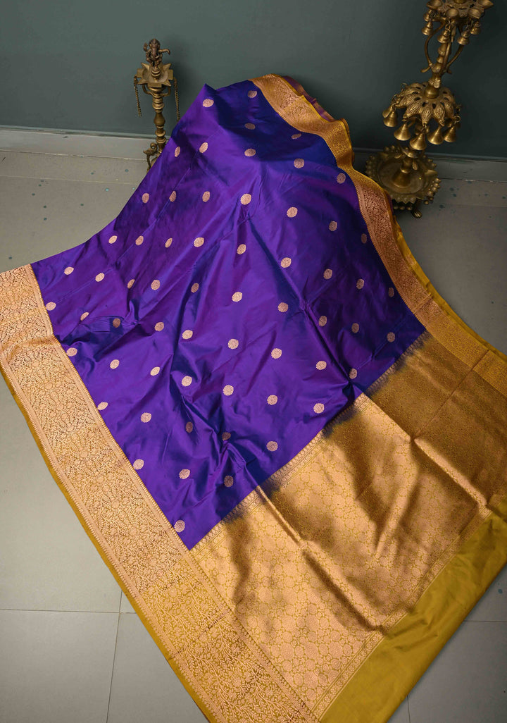 Ink Blue Dual Tone Banarasi Katan Silk Saree with Floral Zari Buttas and Contrast Zari Border | SILK MARK CERTIFIED | SHOBITAM