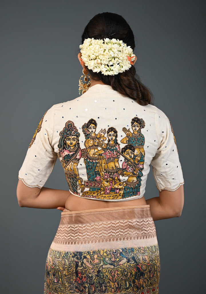 Off White Cotton Blouse with Pen Kalamkari Handpainted Dancing Queens and Handwork Detailing , Customizable, Made to Order