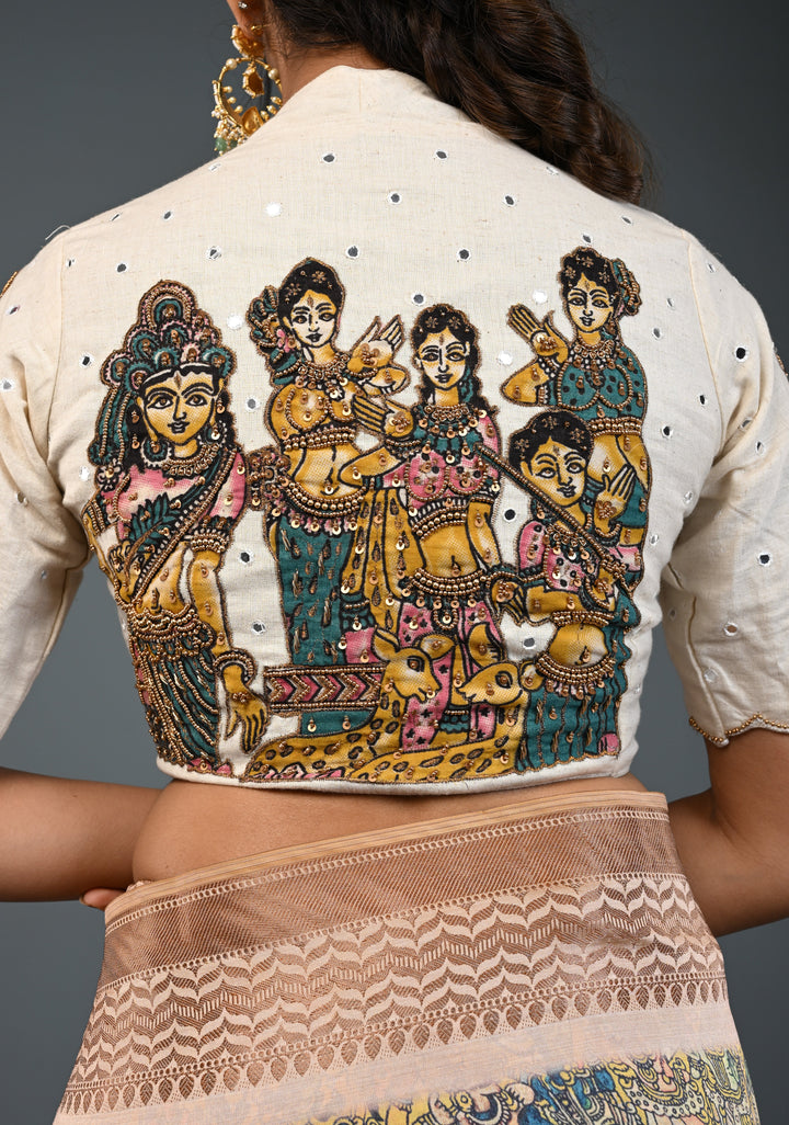Off White Cotton Blouse with Pen Kalamkari Handpainted Dancing Queens and Handwork Detailing , Customizable, Made to Order