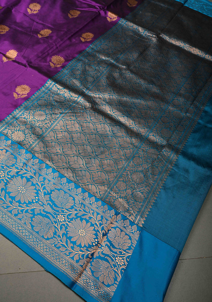 Magenta Purple Banarasi Katan Silk Saree with Floral Zari Buttas and Contrast Zari Border | SILK MARK CERTIFIED | SHOBITAM