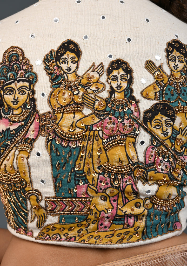 Off White Cotton Blouse with Pen Kalamkari Handpainted Dancing Queens and Handwork Detailing , Customizable, Made to Order