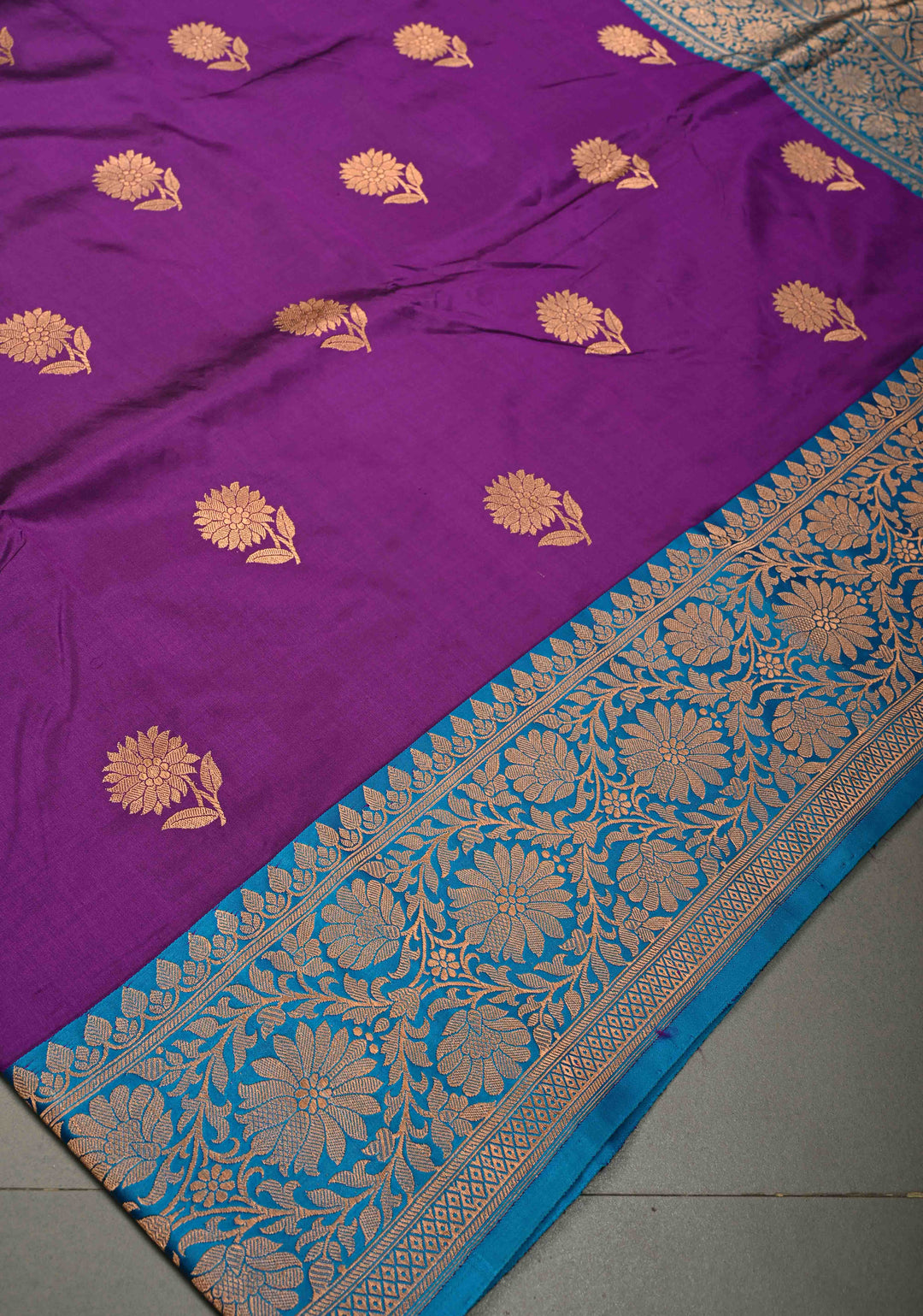 Magenta Purple Banarasi Katan Silk Saree with Floral Zari Buttas and Contrast Zari Border | SILK MARK CERTIFIED | SHOBITAM