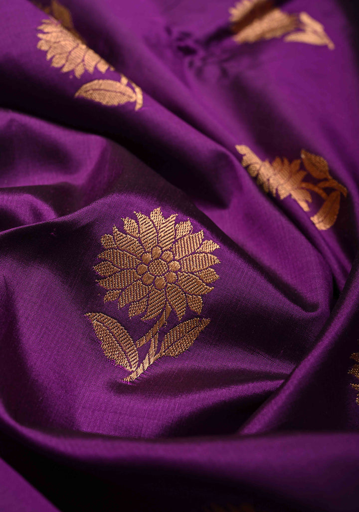 Magenta Purple Banarasi Katan Silk Saree with Floral Zari Buttas and Contrast Zari Border | SILK MARK CERTIFIED | SHOBITAM