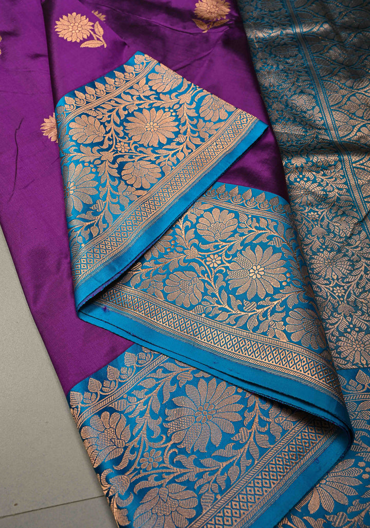 Magenta Purple Banarasi Katan Silk Saree with Floral Zari Buttas and Contrast Zari Border | SILK MARK CERTIFIED | SHOBITAM