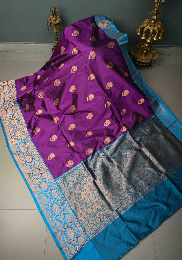 Magenta Purple Banarasi Katan Silk Saree with Floral Zari Buttas and Contrast Zari Border | SILK MARK CERTIFIED | SHOBITAM