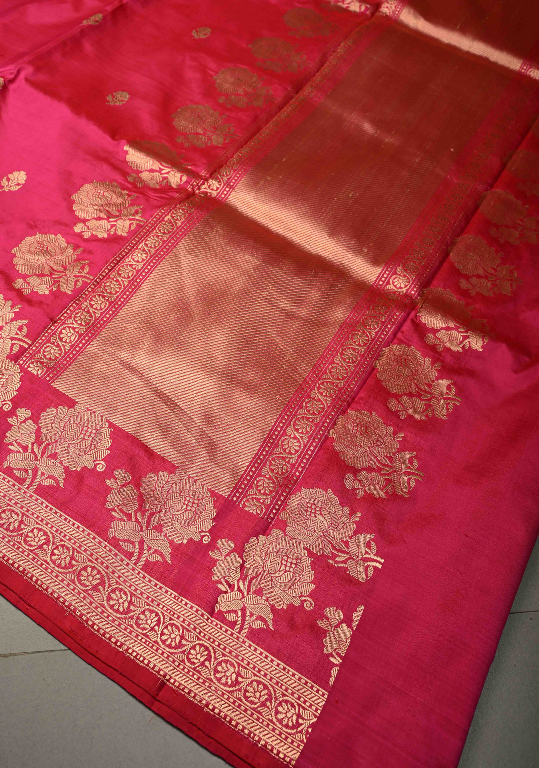 Rani Pink Banarasi Katan Silk Saree with Floral Zari Buttas and Zari Border | SILK MARK CERTIFIED | SHOBITAM