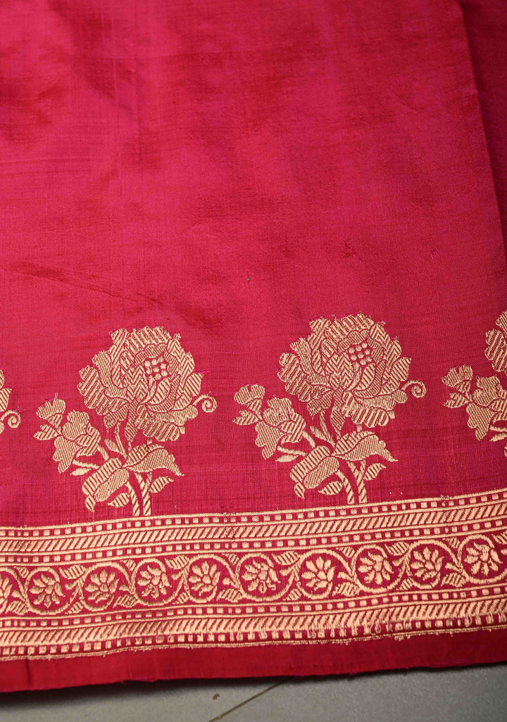 Rani Pink Banarasi Katan Silk Saree with Floral Zari Buttas and Zari Border | SILK MARK CERTIFIED | SHOBITAM