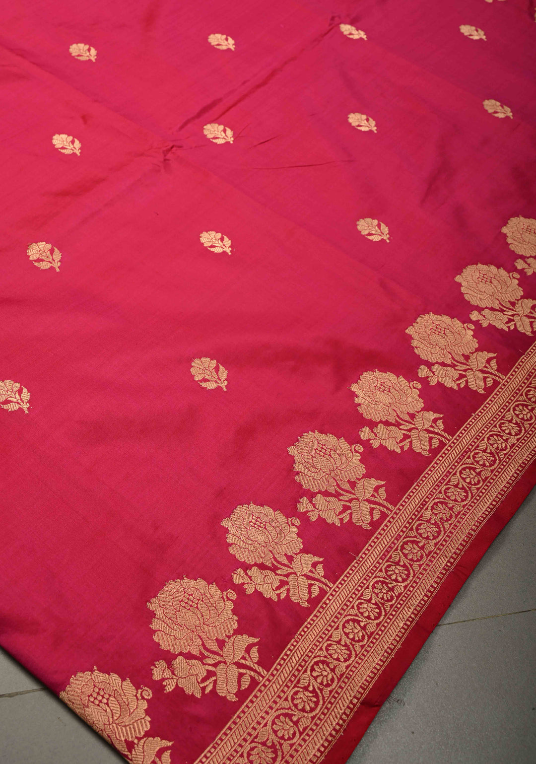 Rani Pink Banarasi Katan Silk Saree with Floral Zari Buttas and Zari Border | SILK MARK CERTIFIED | SHOBITAM