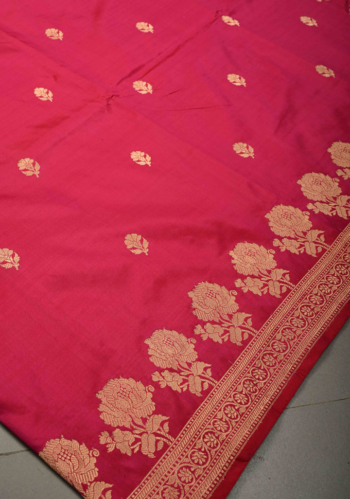 Rani Pink Banarasi Katan Silk Saree with Floral Zari Buttas and Zari Border | SILK MARK CERTIFIED | SHOBITAM