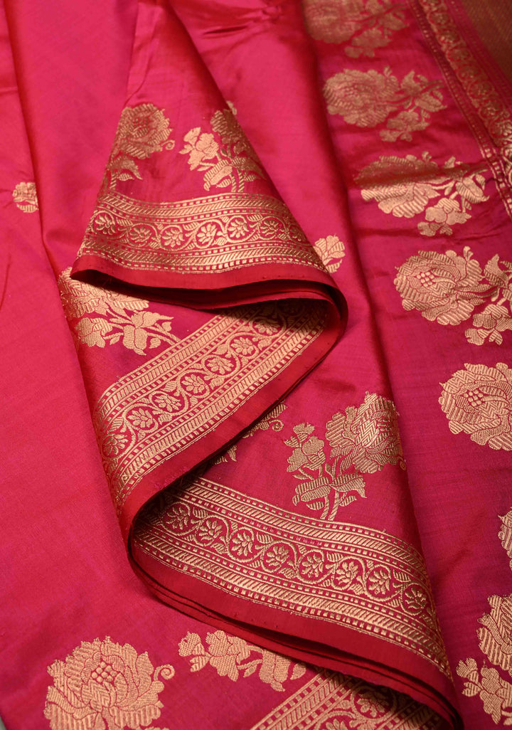 Rani Pink Banarasi Katan Silk Saree with Floral Zari Buttas and Zari Border | SILK MARK CERTIFIED | SHOBITAM