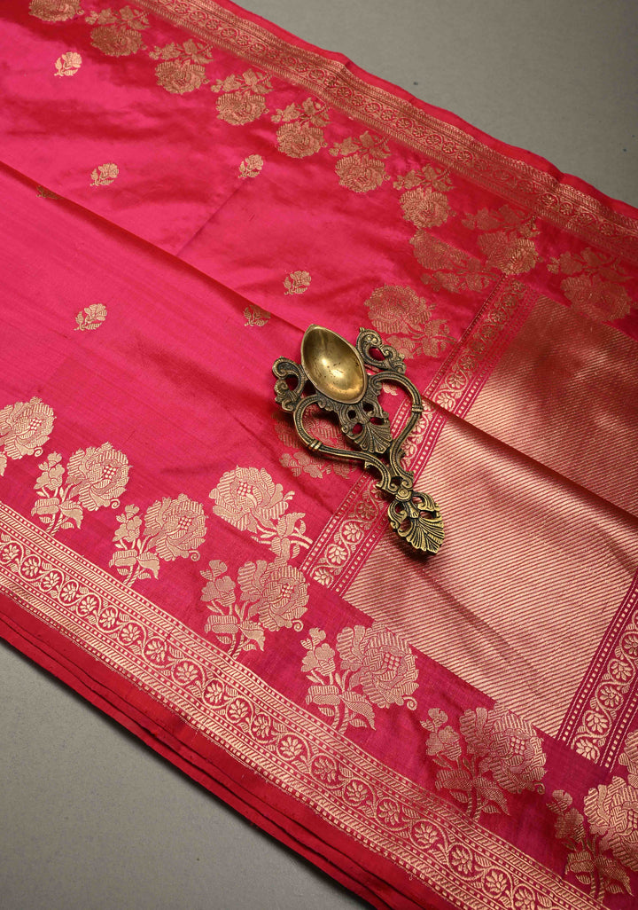 Rani Pink Banarasi Katan Silk Saree with Floral Zari Buttas and Zari Border | SILK MARK CERTIFIED | SHOBITAM